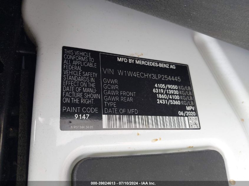 2020 Mercedes-Benz Sprinter 2500 High Roof V6 VIN: W1W4ECHY3LP254445 Lot: 39824613