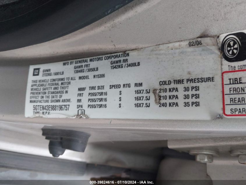 2008 Hummer H3 Luxury VIN: 5GTEN43E988196757 Lot: 39824616