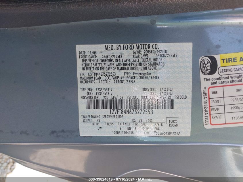 2007 Ford Mustang V6 Deluxe/V6 Premium VIN: 1ZVFT84N675272553 Lot: 39824619