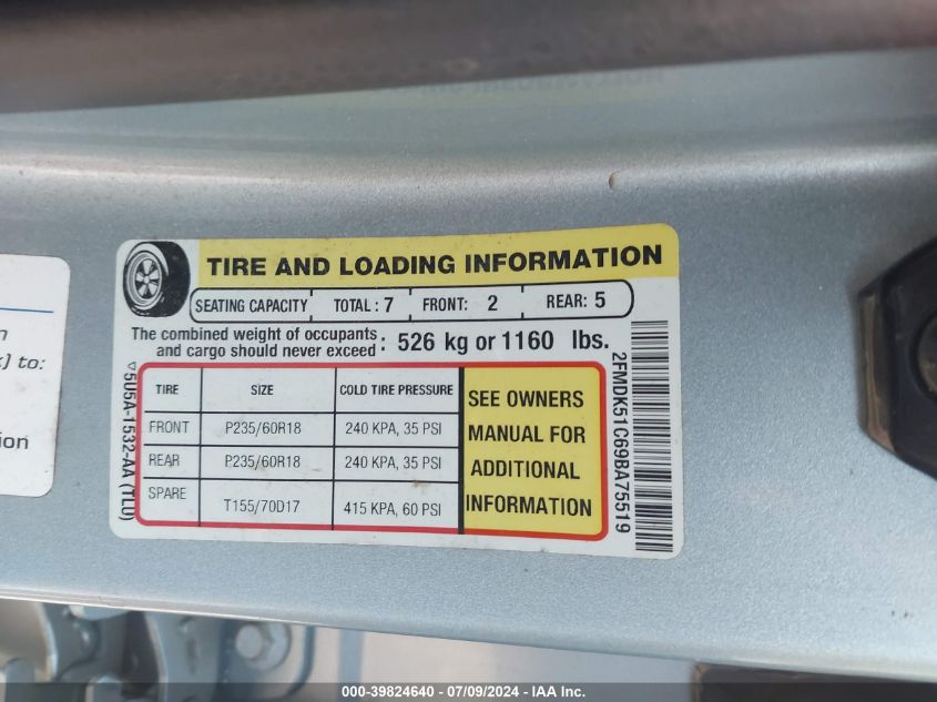 2009 Ford Flex Se VIN: 2FMDK51C69BA75519 Lot: 39824640