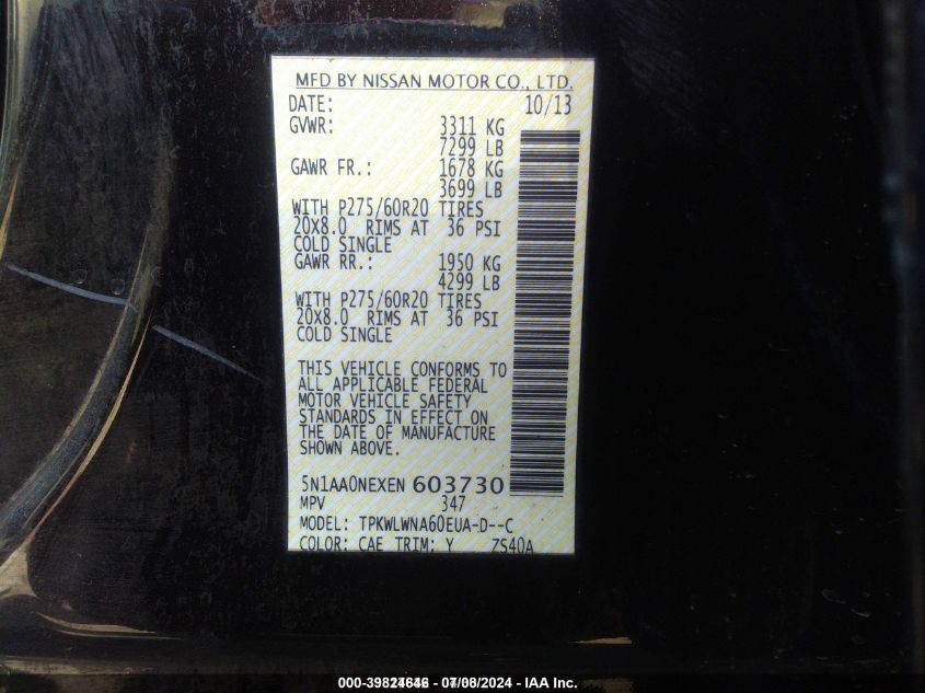 2014 Nissan Armada Platinum VIN: 5N1AA0NEXEN603730 Lot: 39824646