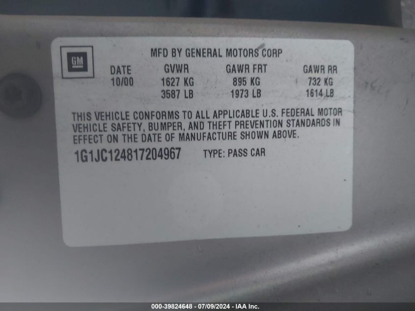 2001 Chevrolet Cavalier VIN: 1G1JC124817204967 Lot: 39824648