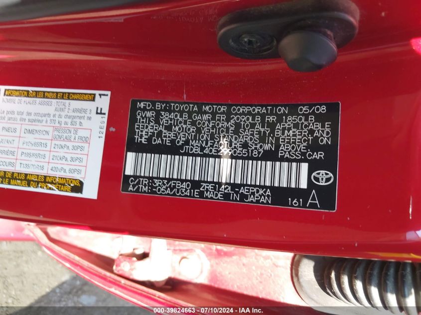 2009 Toyota Corolla Le VIN: JTDBL40E299055187 Lot: 39824663