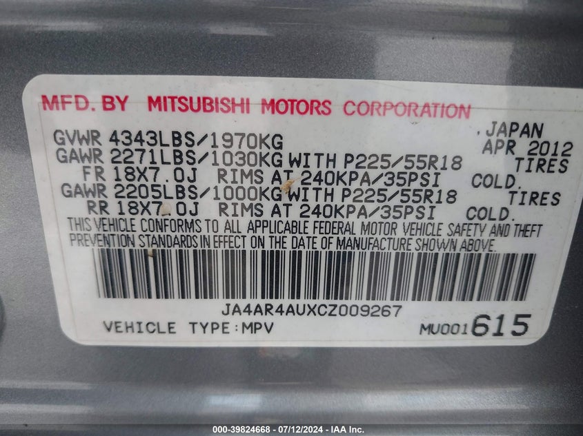 2012 Mitsubishi Outlander Sport Se VIN: JA4AR4AUXCZ009267 Lot: 39824668