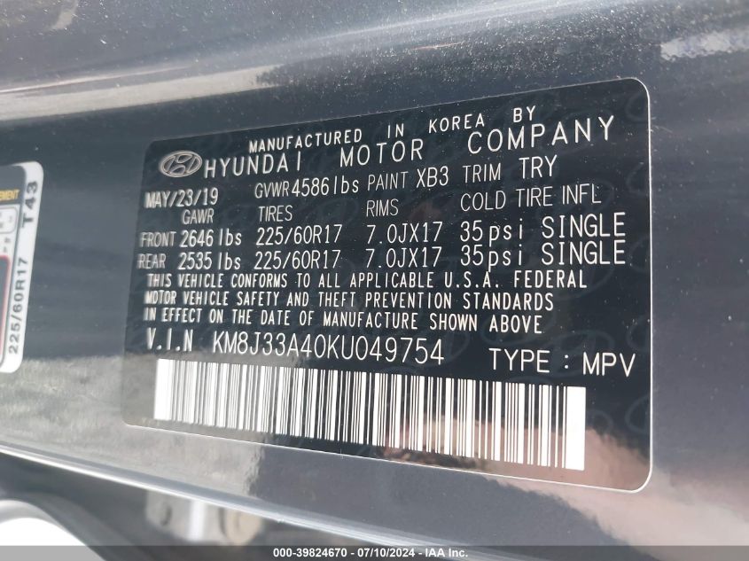 KM8J33A40KU049754 2019 Hyundai Tucson Value