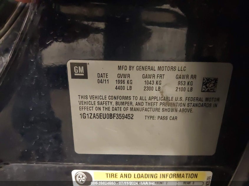 2011 Chevrolet Malibu Ls VIN: 1G1ZA5EU0BF359452 Lot: 39824680