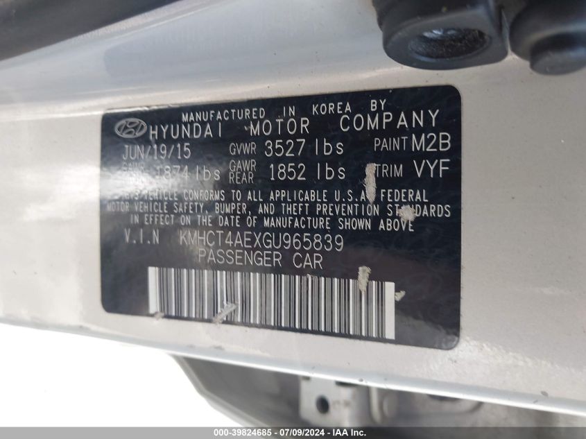 2016 Hyundai Accent Se VIN: KMHCT4AEXGU965839 Lot: 39824685