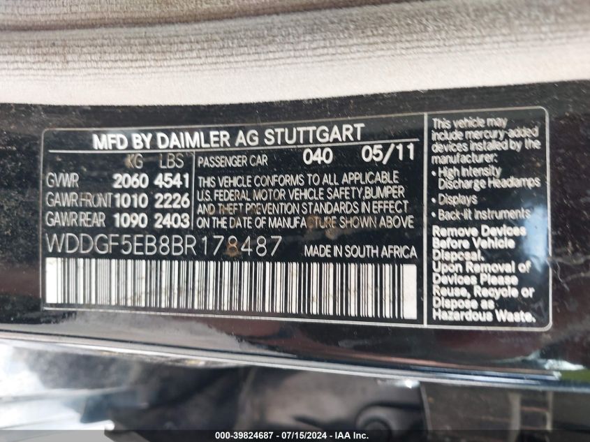 2011 Mercedes-Benz C 300 Luxury/Sport VIN: WDDGF5EB8BR178487 Lot: 39824687