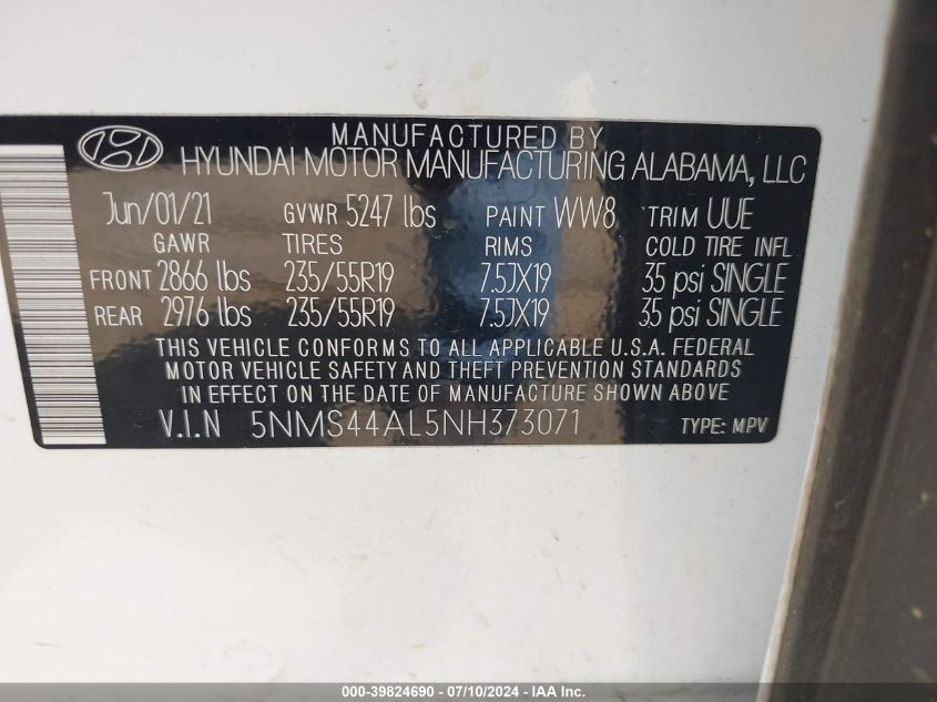 2022 Hyundai Santa Fe Limited VIN: 5NMS44AL5NH373071 Lot: 39824690