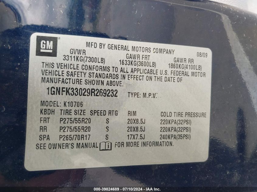 2009 Chevrolet Tahoe Ltz VIN: 1GNFK33029R269232 Lot: 39824689