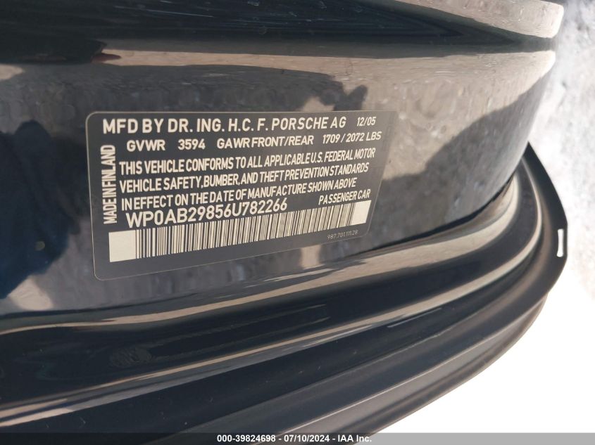 2006 Porsche Cayman S VIN: WP0AB29856U782266 Lot: 39824698