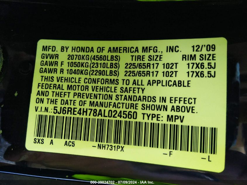 2010 Honda Cr-V Ex-L VIN: 5J6RE4H78AL024560 Lot: 39824702