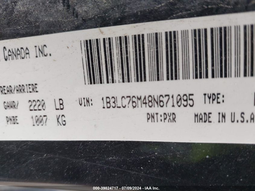 2008 Dodge Avenger R/T VIN: 1B3LC76M48N671095 Lot: 39824717