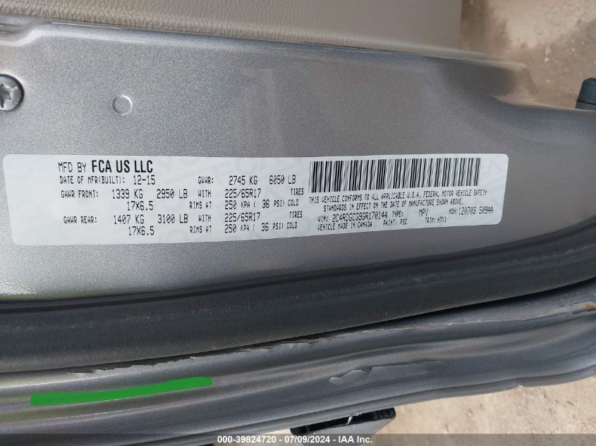 2016 Dodge Grand Caravan Sxt VIN: 2C4RDGCG9GR170144 Lot: 39824720