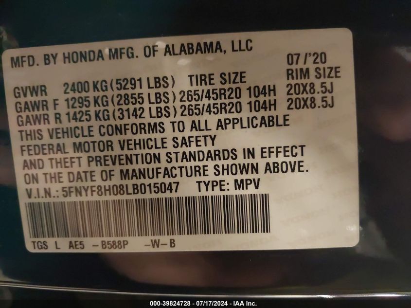 2020 Honda Passport Awd Elite VIN: 5FNYF8H08LB015047 Lot: 39824728