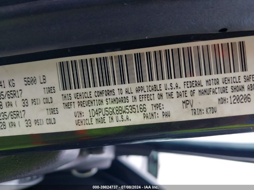 2011 Dodge Nitro Sxt VIN: 1D4PU5GK8BW535166 Lot: 39824737