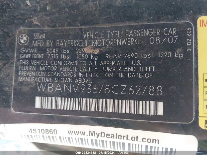 2008 BMW 535Xi VIN: WBANV93578CZ62788 Lot: 39824738