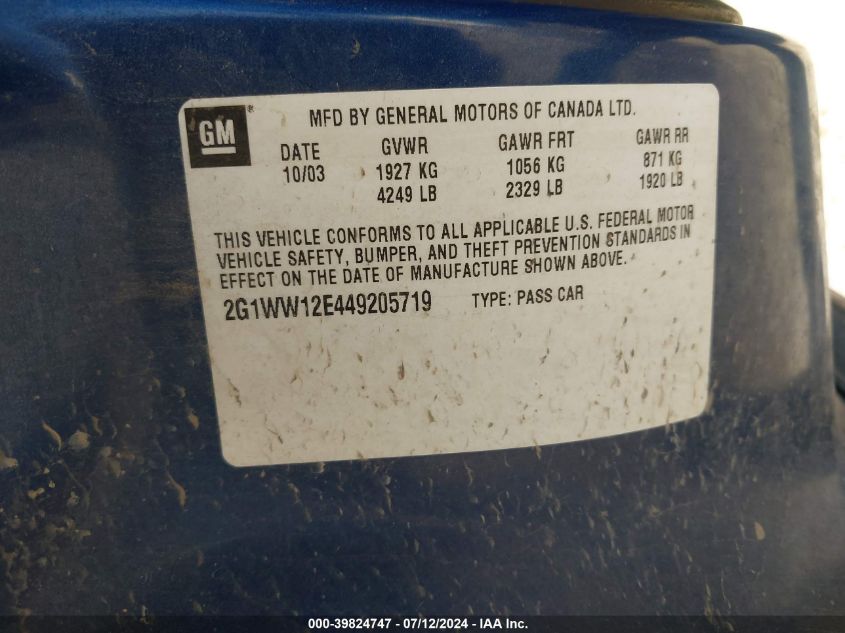 2004 Chevrolet Monte Carlo Ls VIN: 2G1WW12E449205719 Lot: 39824747