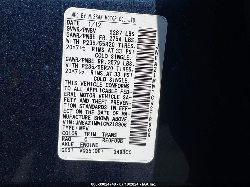 2012 Nissan Murano Le VIN: JN8AZ1MW1CW218906 Lot: 39824748