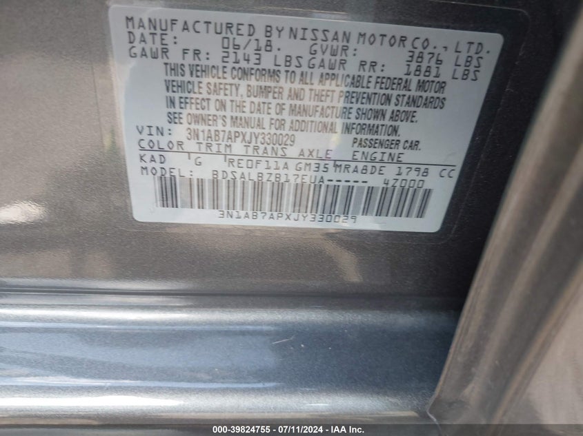 VIN 3N1AB7APXJY330029 2018 NISSAN SENTRA S