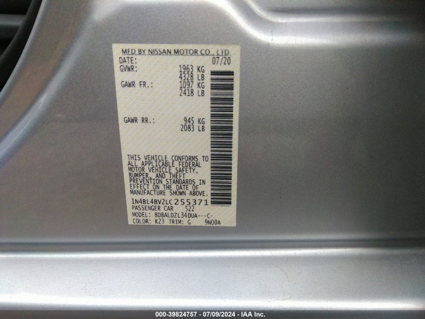 2020 Nissan Altima S Fwd VIN: 1N4BL4BV2LC255371 Lot: 39824757