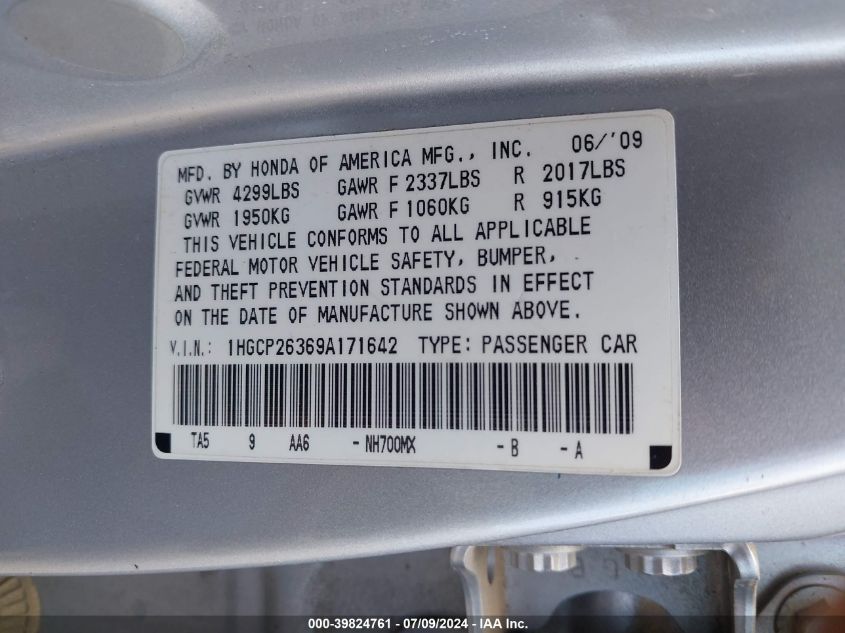 2009 Honda Accord 2.4 Lx VIN: 1HGCP26369A171642 Lot: 39824761