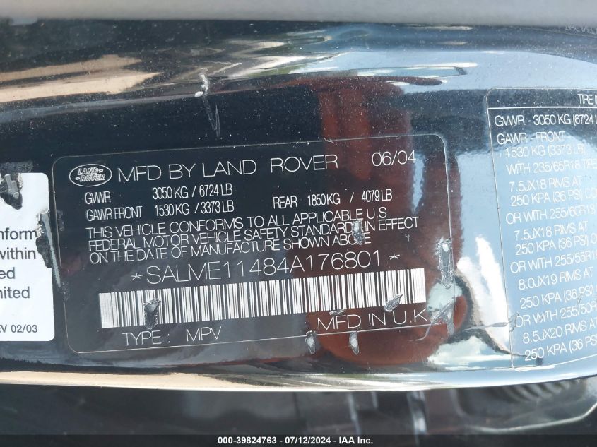 2004 Land Rover Range Rover Hse VIN: SALME11484A176801 Lot: 39824763