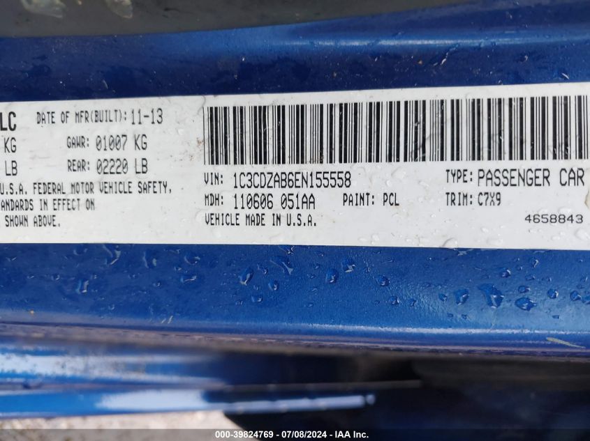 2014 Dodge Avenger Se VIN: 1C3CDZAB6EN155558 Lot: 39824769