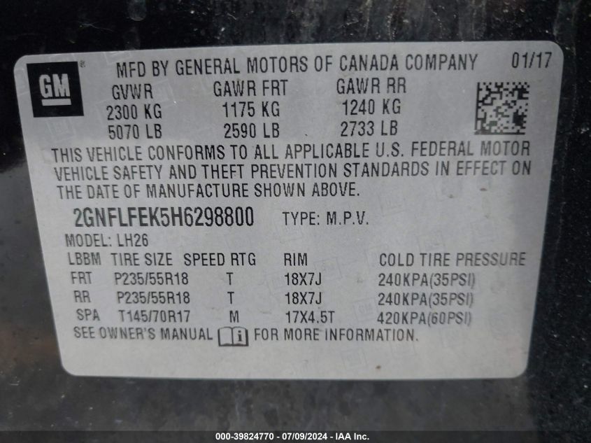 2GNFLFEK5H6298800 2017 Chevrolet Equinox Lt