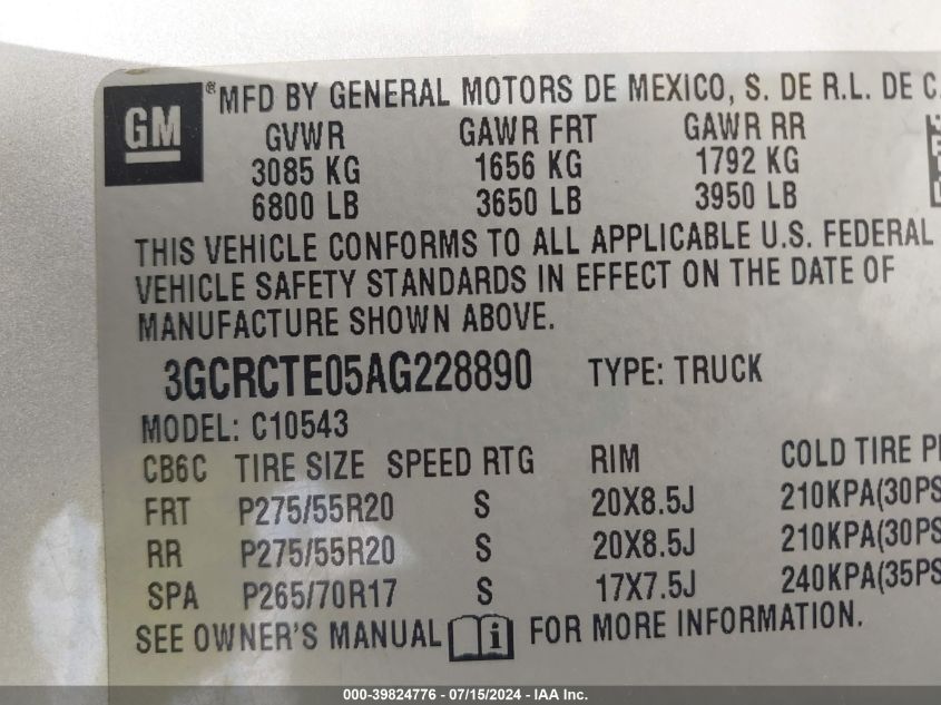 2010 Chevrolet Silverado 1500 Ltz VIN: 3GCRCTE05AG228890 Lot: 39824776