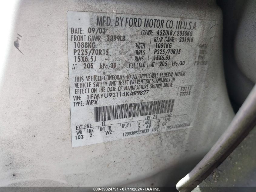 2004 Ford Escape Xls VIN: 1FMYU92114KA89827 Lot: 39824791