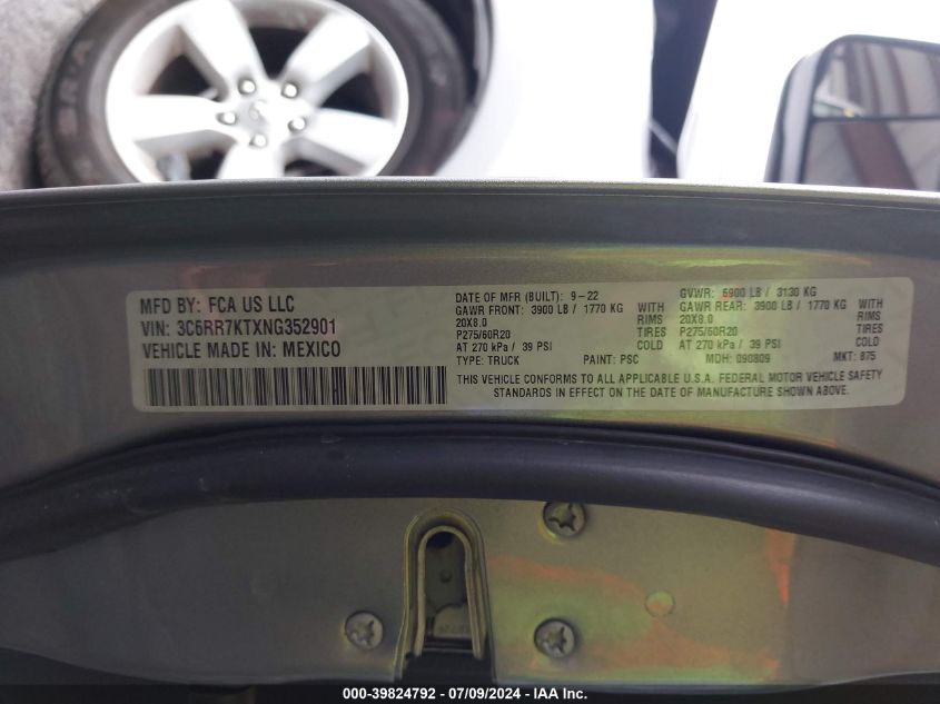 2022 Ram 1500 Classic Tradesman 4X4 5'7 Box VIN: 3C6RR7KTXNG352901 Lot: 39824792