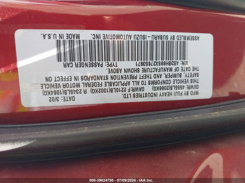 2002 Subaru Outback VIN: 4S3BH665X27653971 Lot: 39824795