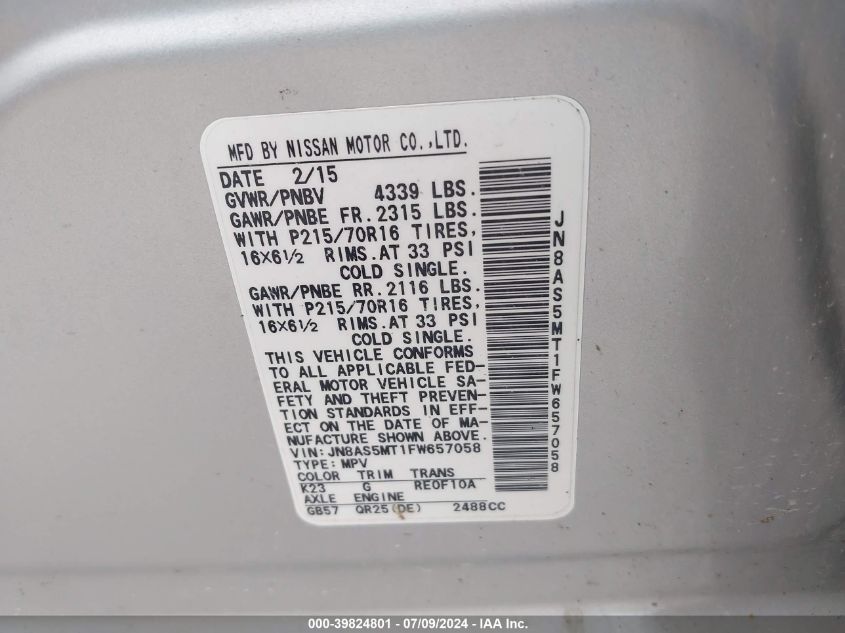 2015 Nissan Rogue Select S VIN: JN8AS5MT1FW657058 Lot: 39824801