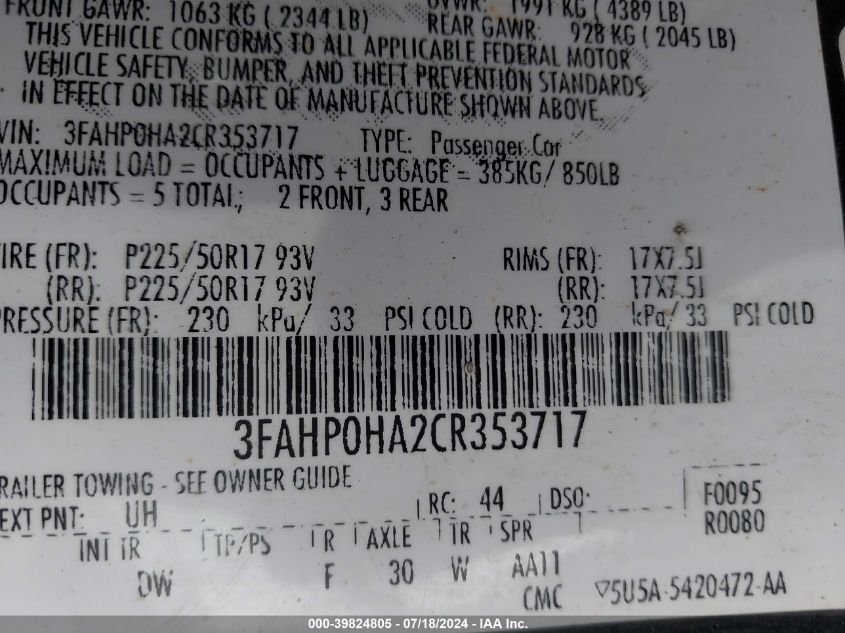 2012 Ford Fusion Se VIN: 3FAHP0HA2CR353717 Lot: 39824805