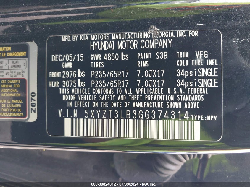 2016 Hyundai Santa Fe Sport 2.4L VIN: 5XYZT3LB3GG374314 Lot: 39824812