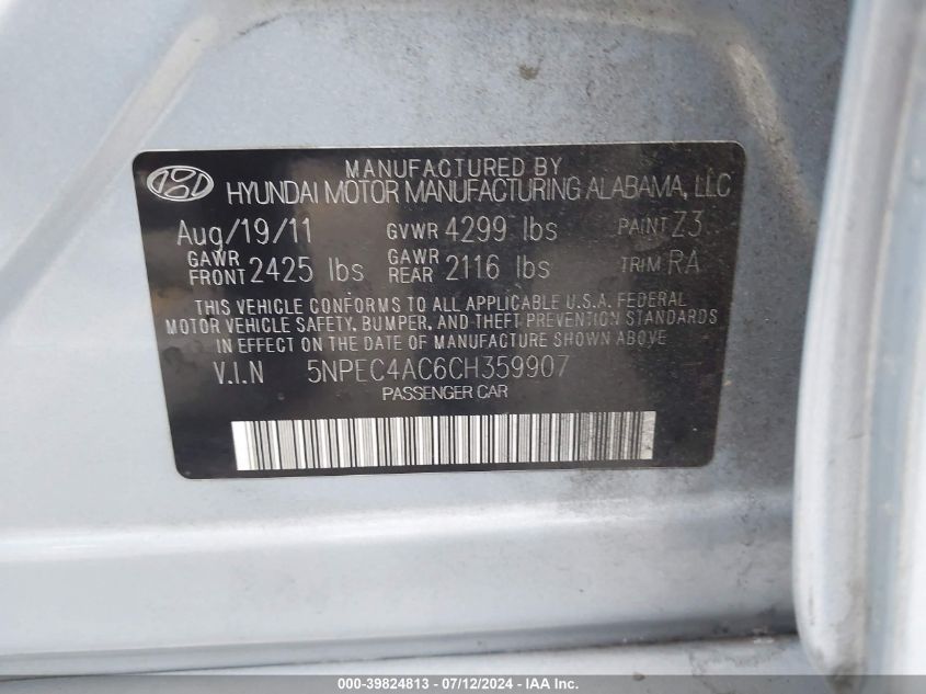 2012 Hyundai Sonata Se/Limited VIN: 5NPEC4AC6CH359907 Lot: 39824813
