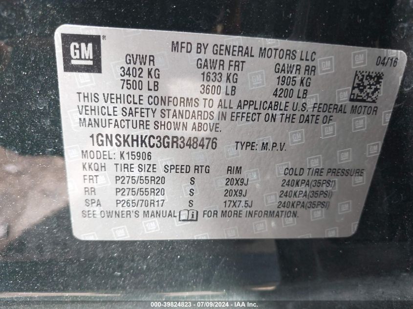 2016 Chevrolet Suburban Lt VIN: 1GNSKHKC3GR348476 Lot: 39824823