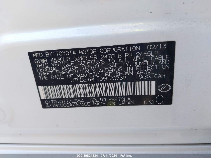 2013 Lexus Gs 350 VIN: JTHBE1BL1D5020739 Lot: 39824834