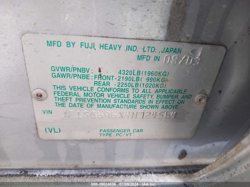 2004 Subaru Forester 2.5Xt VIN: JF1SG696X4H724564 Lot: 39824836