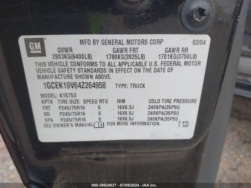 2004 Chevrolet Silverado 1500 VIN: 1GCEK19V64Z264958 Lot: 39824837