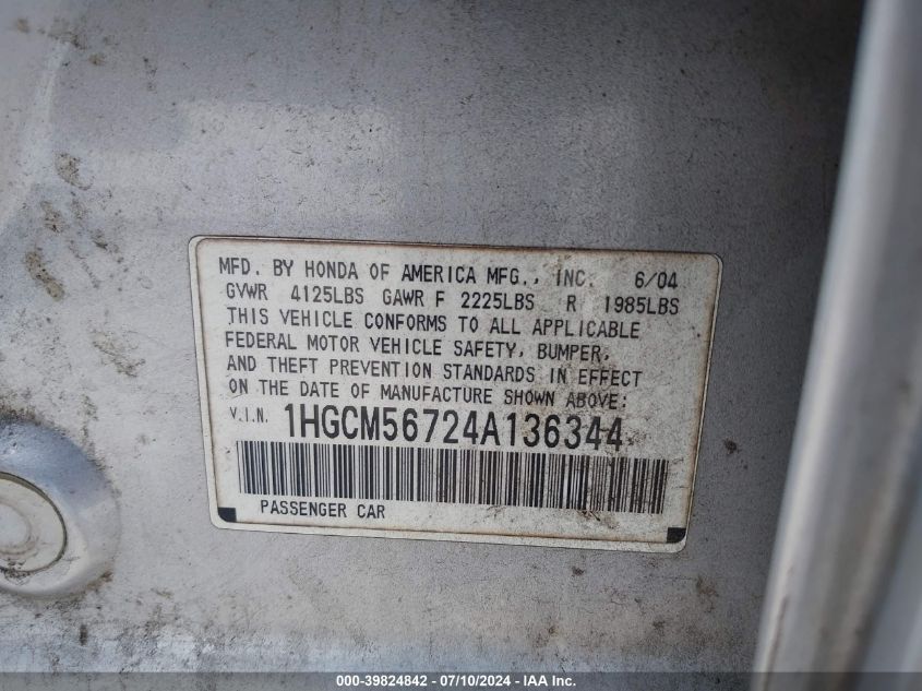 2004 Honda Accord 2.4 Ex VIN: 1HGCM56724A136344 Lot: 39824842