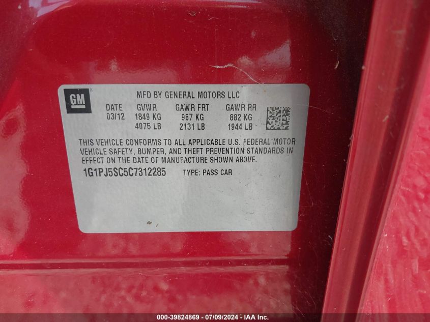 2012 Chevrolet Cruze Eco VIN: 1G1PJ5SC5C7312285 Lot: 39824869