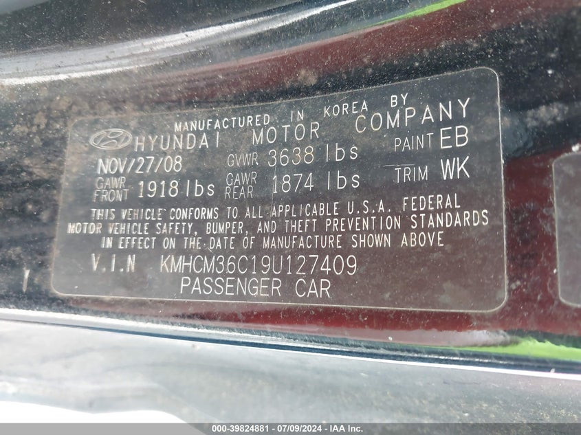 2009 Hyundai Accent Gs VIN: KMHCM36C19U127409 Lot: 39824881