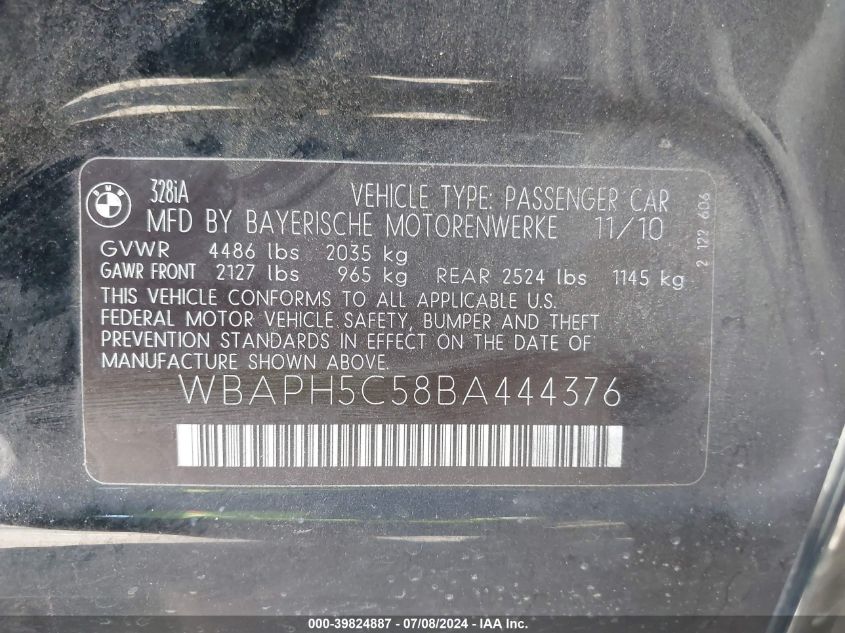 2011 BMW 328I VIN: WBAPH5C58BA444376 Lot: 39824887