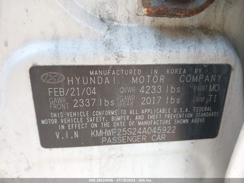 KMHWF25S24A045922 2004 Hyundai Sonata