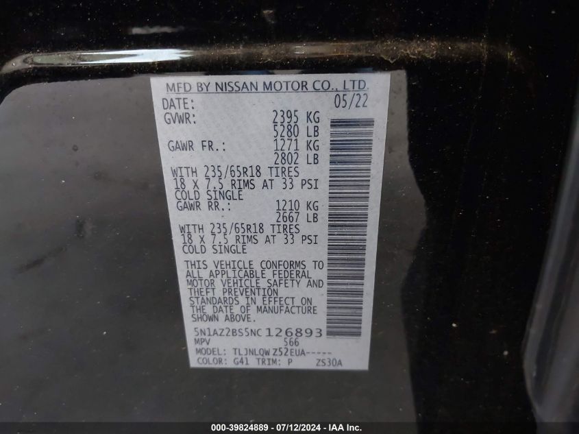 2022 Nissan Murano Sv Intelligent Awd VIN: 5N1AZ2BS5NC126893 Lot: 39824889