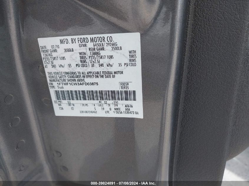 2010 Ford F-150 Stx/Xl/Xlt VIN: 1FTMF1CW3AFD03875 Lot: 39824891