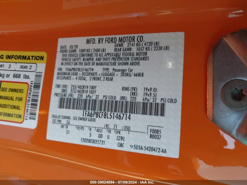 2020 Ford Mustang Gt Premium Fastback VIN: 1FA6P8CF8L5146714 Lot: 39824894