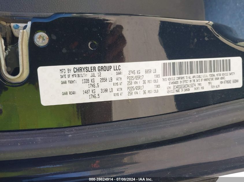 2012 Dodge Grand Caravan R/T VIN: 2C4RDGEG0CR415274 Lot: 39824914